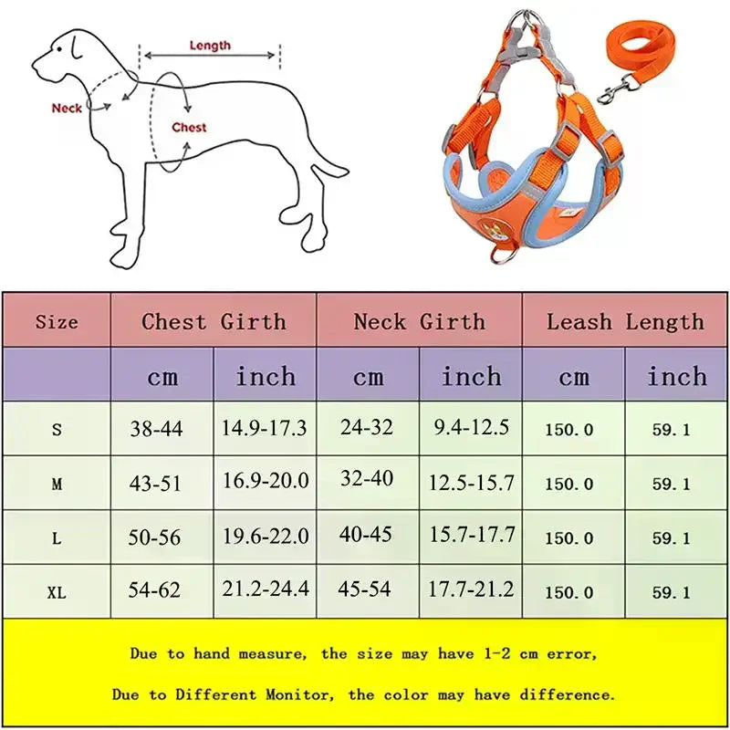 arnés con correa ajustable y reflejante para perro Mitzon, tableau des tailles et mesures pour produit de chien.