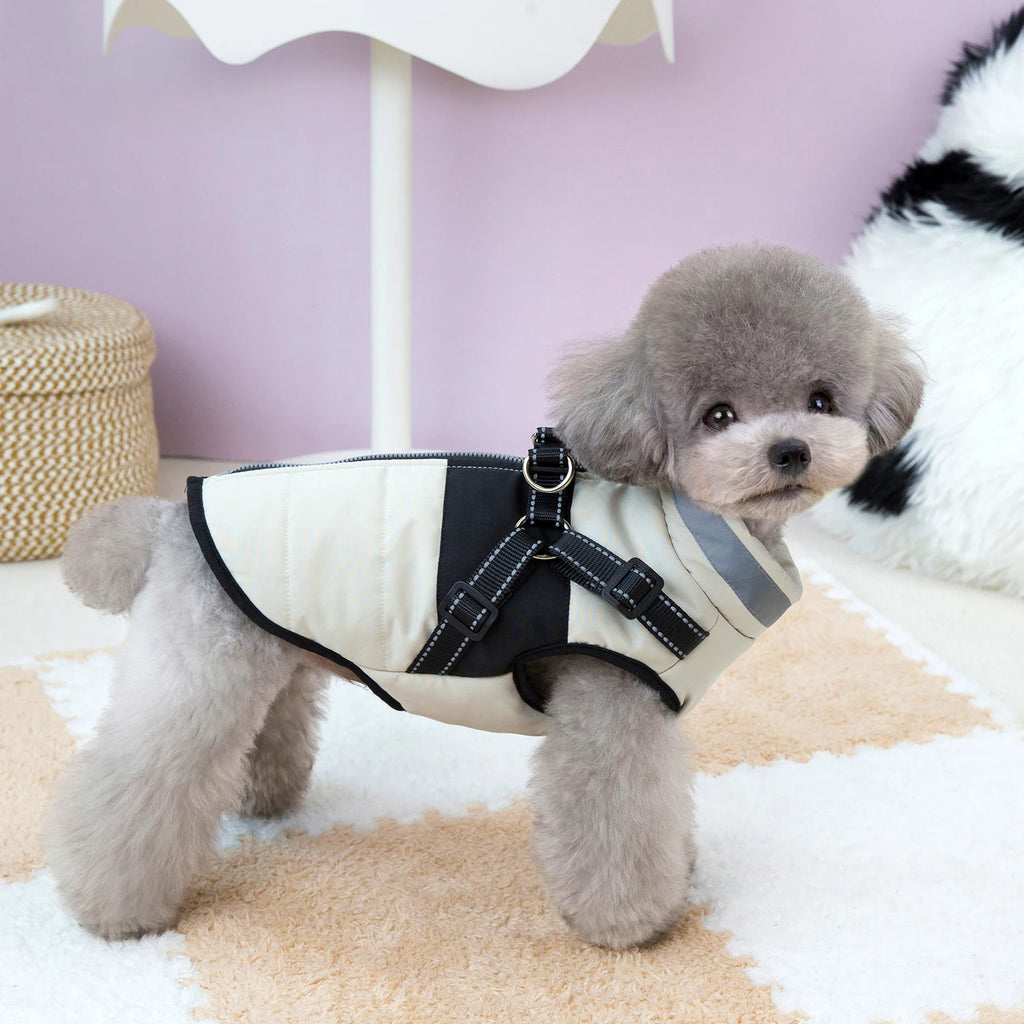 Chamarra de invierno para perro beige y negra, ideal para mantener calientes a las mascotas en invierno.