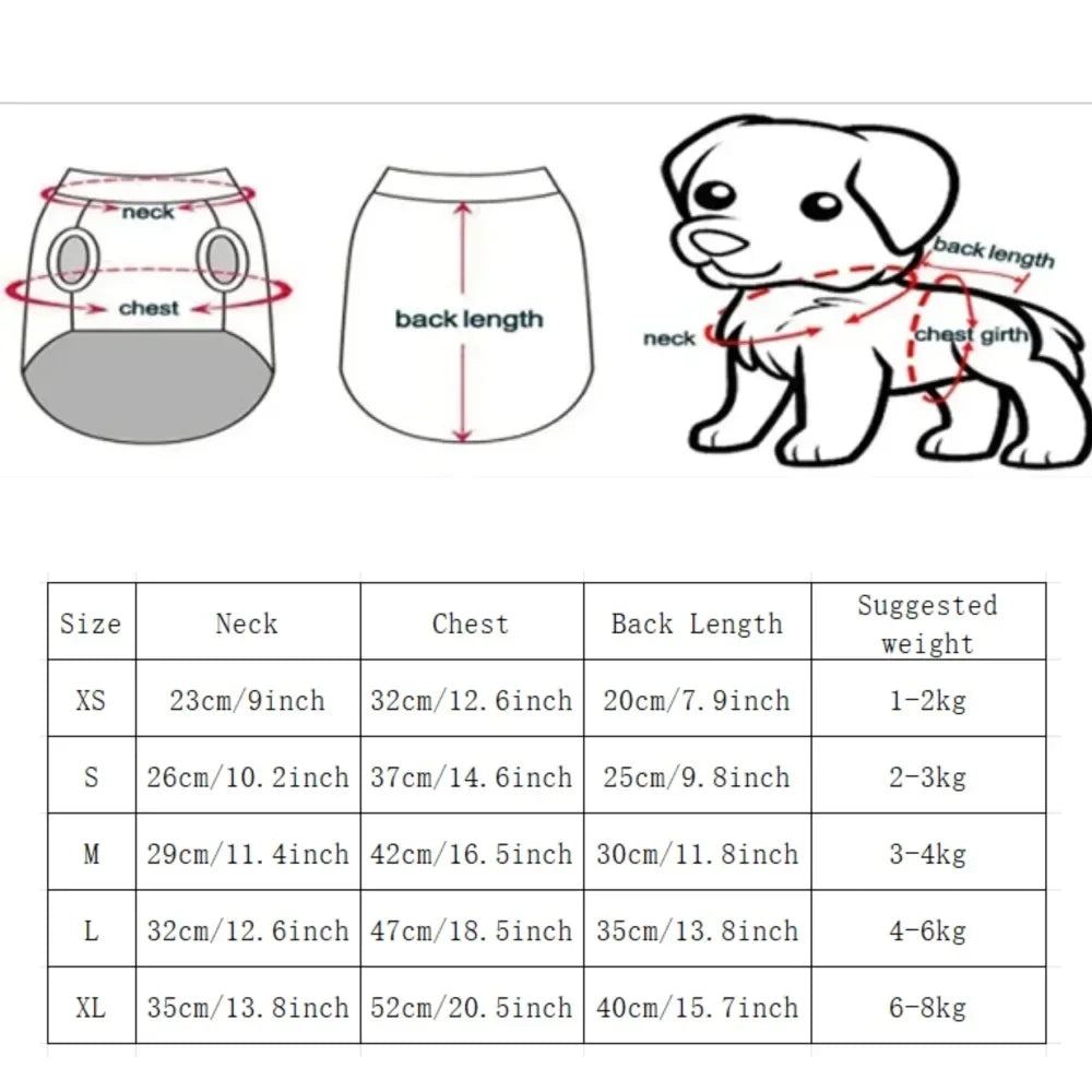 Tabla de medidas de chamarra de invierno para perro con ilustración de perro y detalles de tamaño.