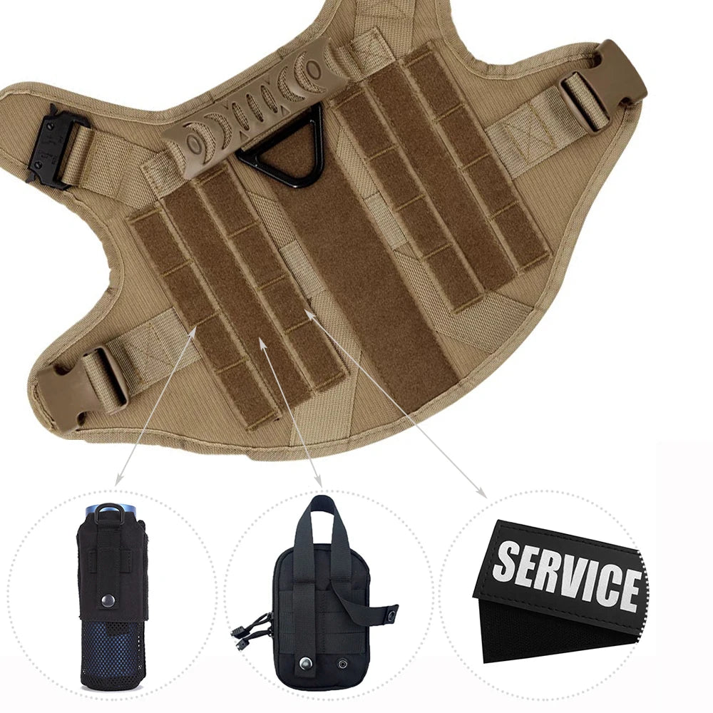 Arnés táctico ajustable para perro PETRAVEL avec attaches et accessoires, couleur beige.
