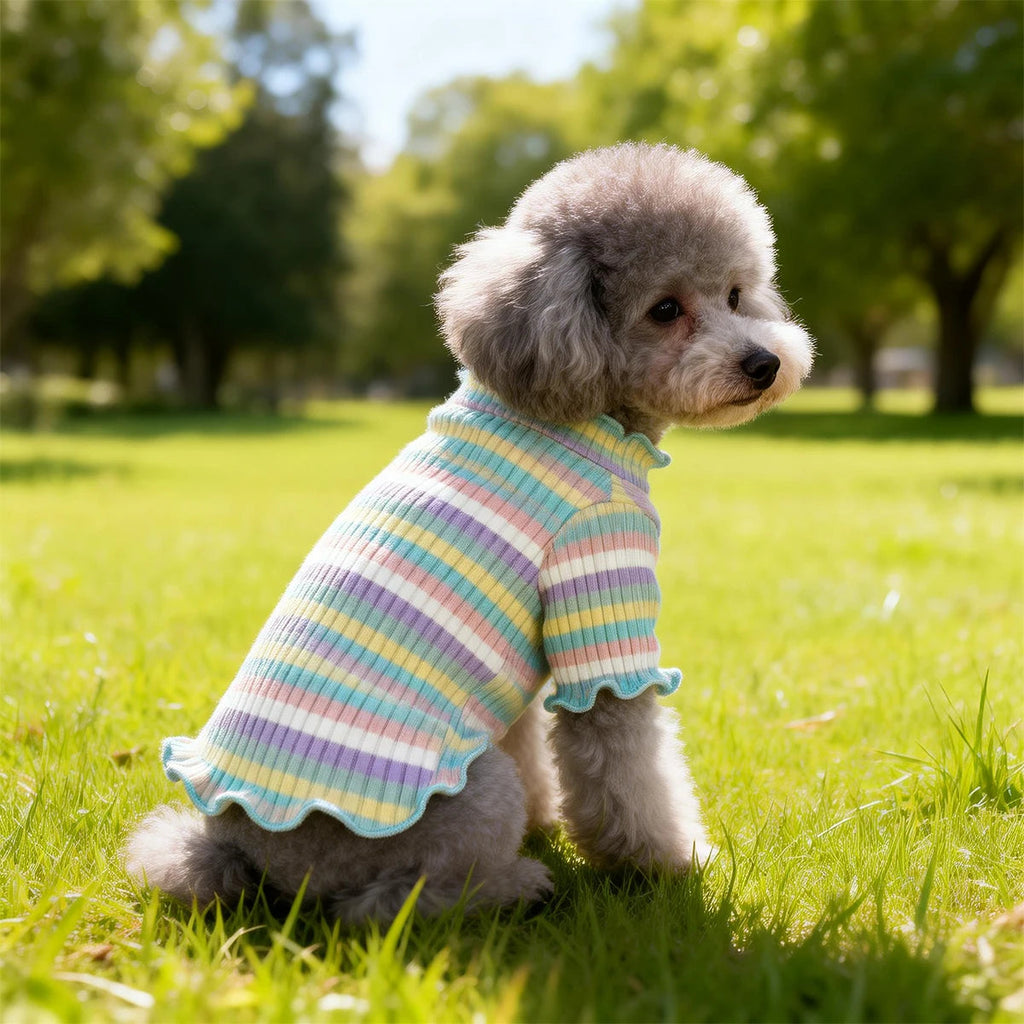 Playera de rayas arcoíris con olanes para perro, alegre y cómoda, perfecta para días primaverales.