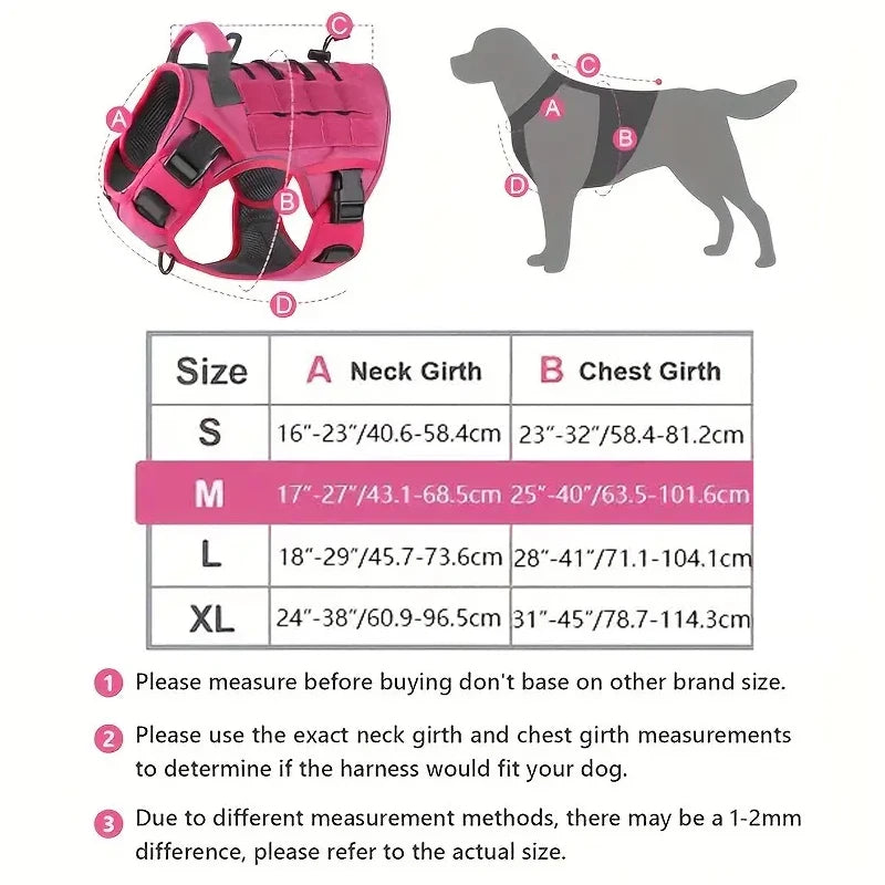 Tableau des tailles pour arnés tactique pour chien, incluant mesures de cou et de poitrine.