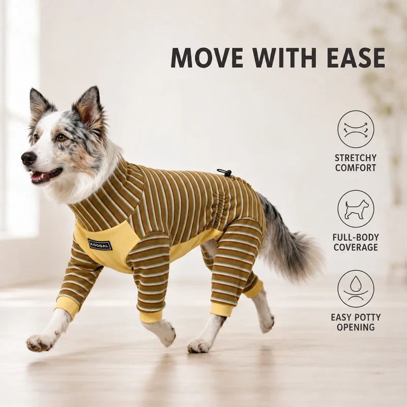 Pijama de rayas para perro con cuello alto, cómodo y con cobertura total, ideal para días frescos.