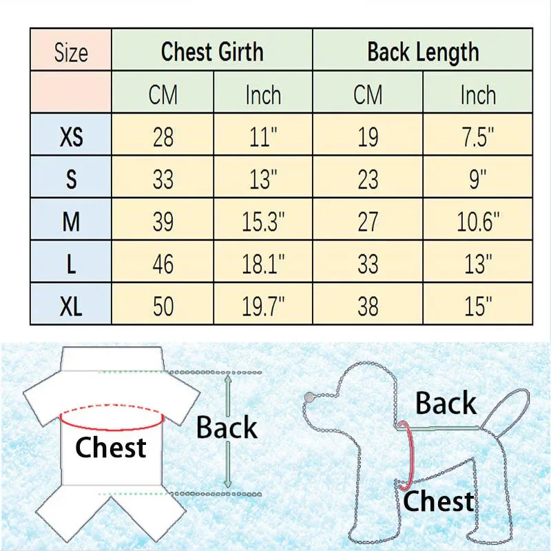 Table des tailles pour uniforme escolar para perro camisa o vestido avec mesures pour le tour de poitrine et la longueur du dos.