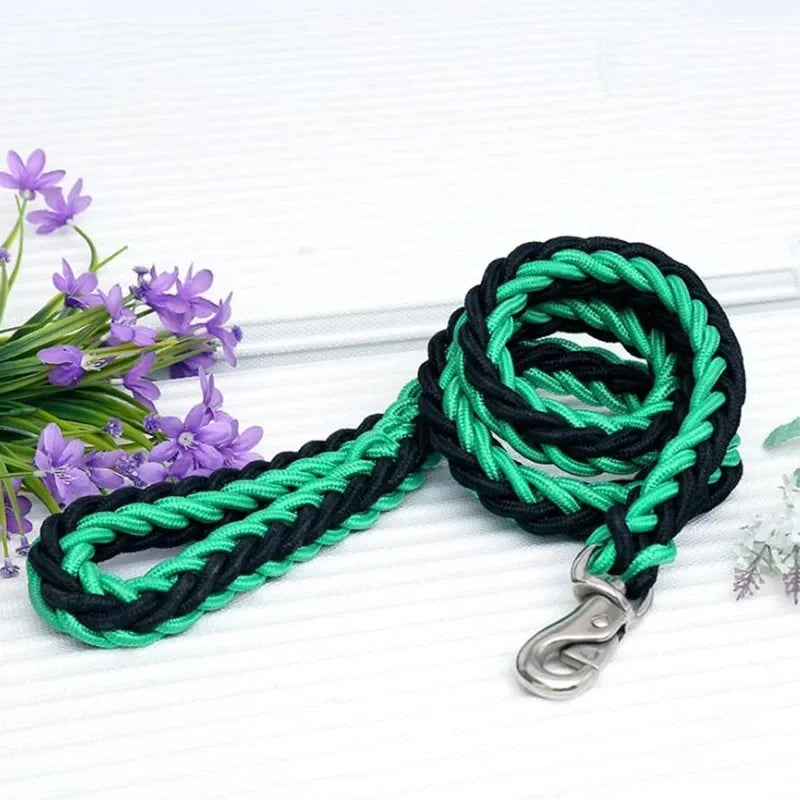 Correa de nylon para perro reforzada de 130 cm en color verde y negro, ideal para paseos y aventuras al aire libre.