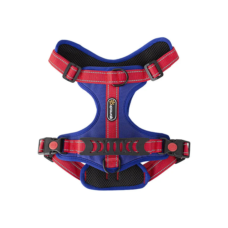 Arnés tipo chaleco reflejante para perro MITZON en color azul y rojo, diseñado para comodidad y seguridad en paseos.