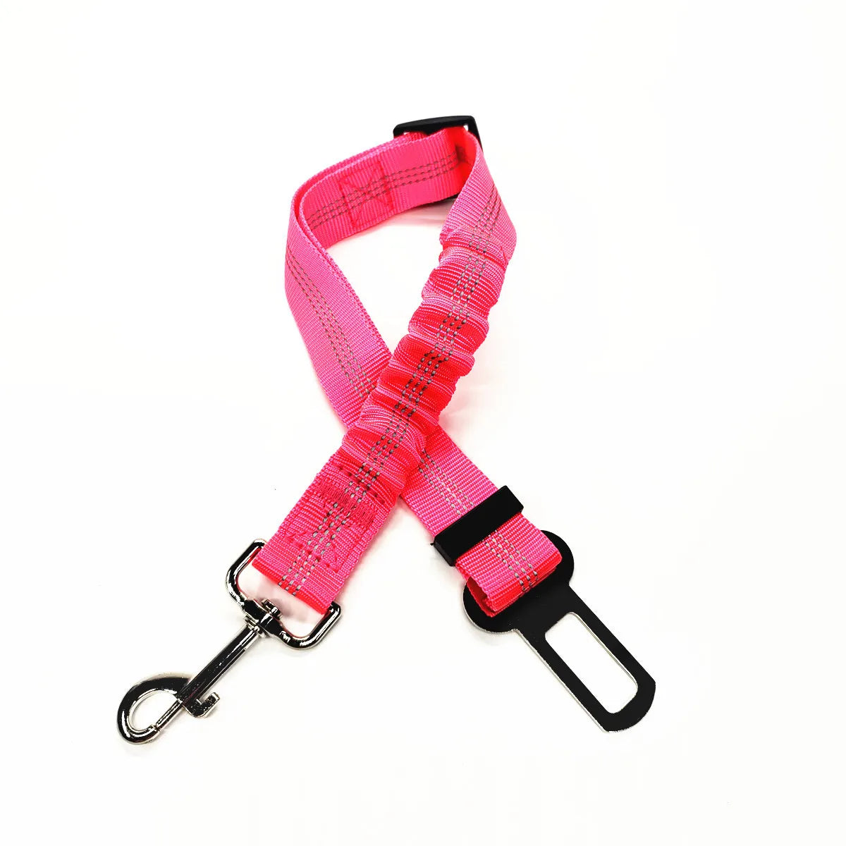 Cinturón de seguridad para perro en auto, diseñado con un tramo elástico y un clip resistente en color rosa.