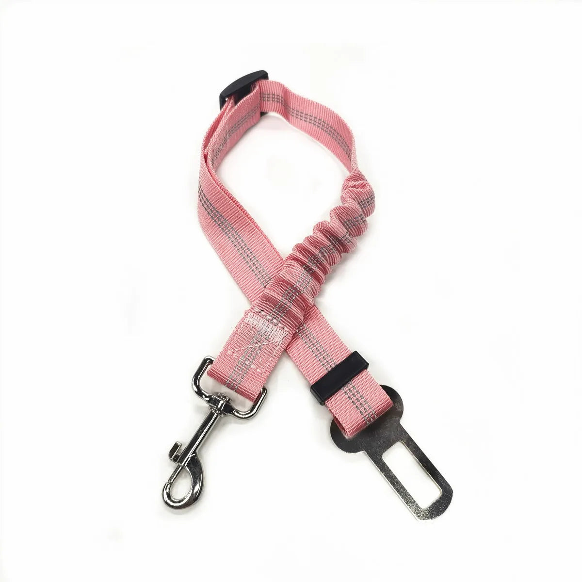 Cinturón de seguridad para perro en auto reflejante en color rosa con tramo elástico amortiguador.