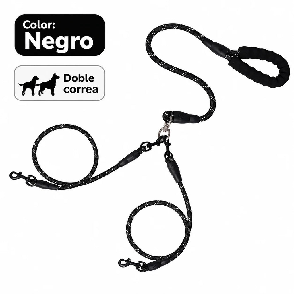 Correa para pasear 3 perros desmontable acolchada de color negro con doble correa.