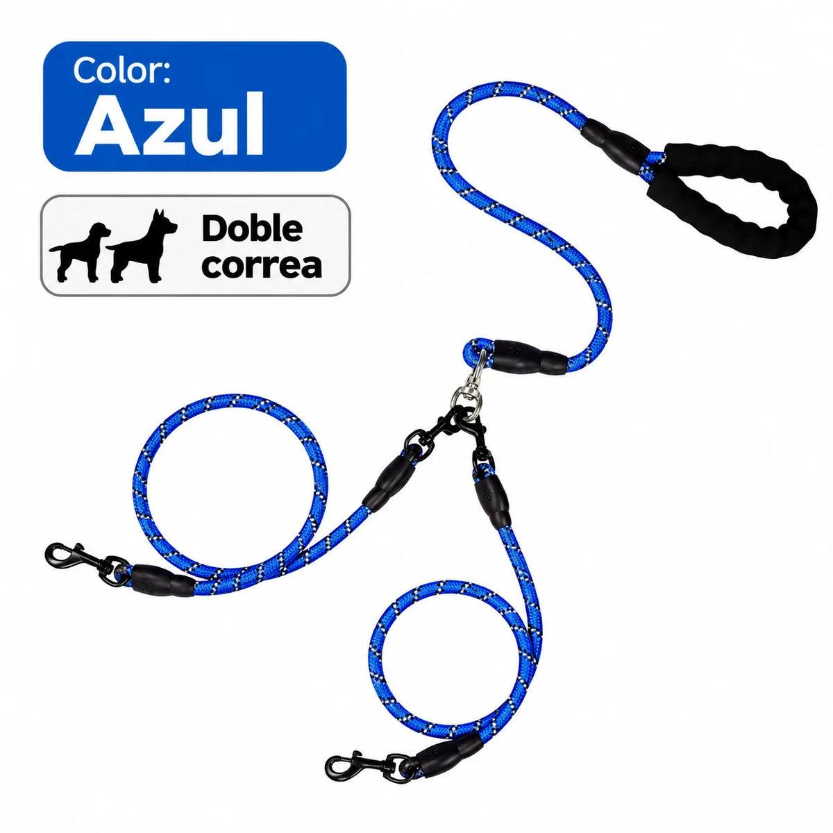 Correa para pasear 3 perros desmontable acolchada en color azul, parfaite pour promenades multiples.