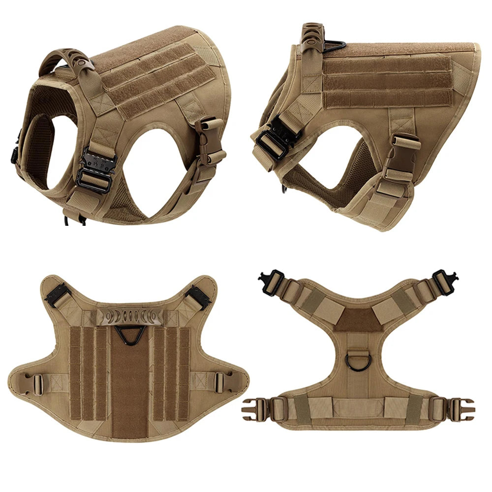 Arnés táctico ajustable para perro PETRAVEL en color beige, vues avant et arrière, design durable et ajustable.