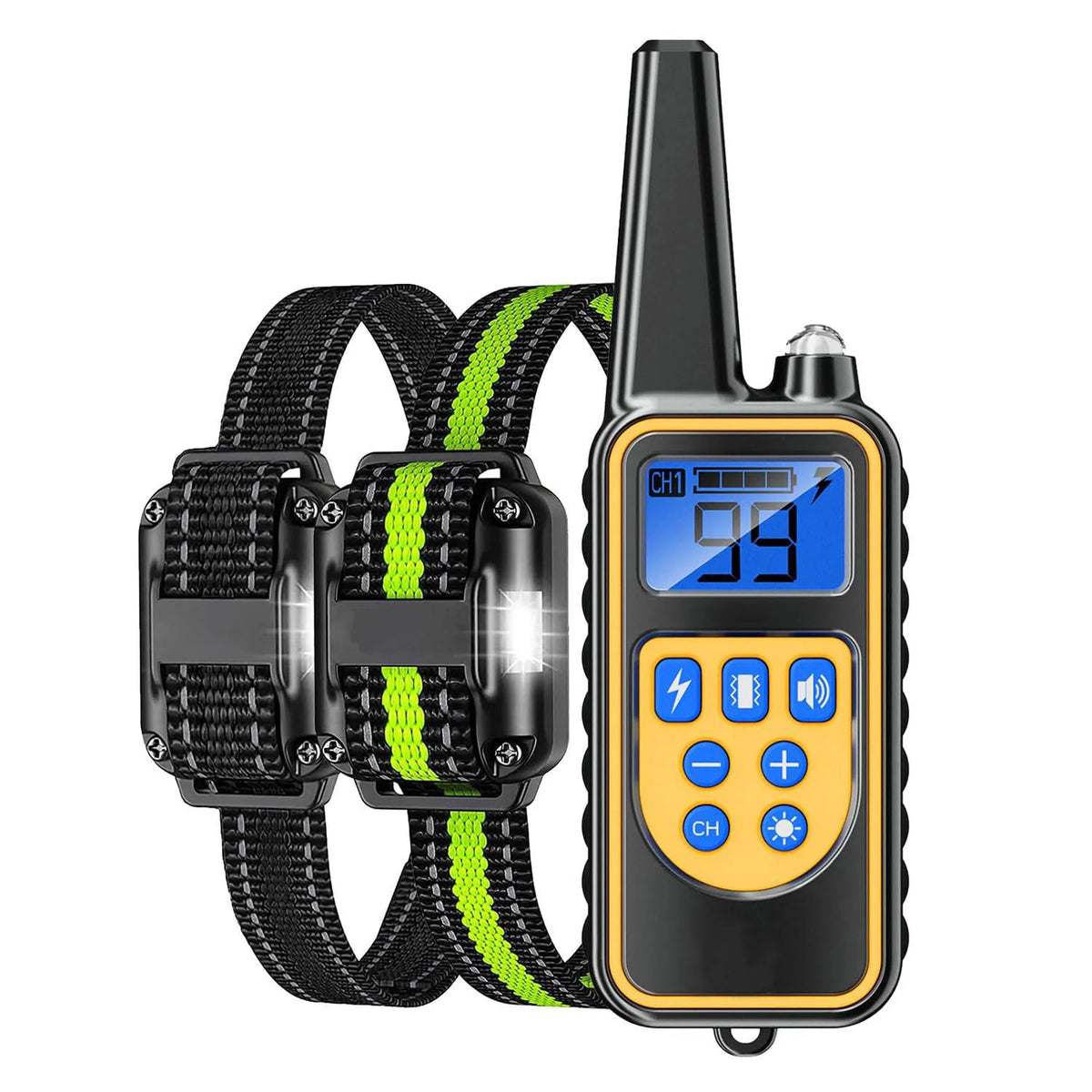 Collar eléctrico de adiestramiento para perros con control remoto y pantalla digital sur une ceinture résistante.