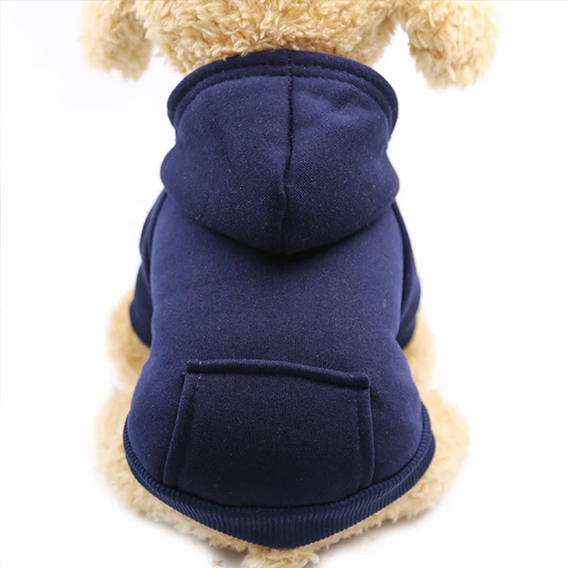 sudadera con capucha para perro de algodón afelpado en color azul, vista arrière sur un chien en peluche.
