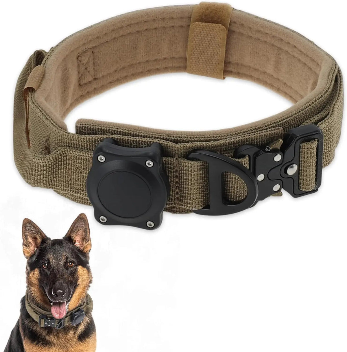 Collar táctico para perro con asa y hebilla, diseño resistente, ideal para el control y la aventura.