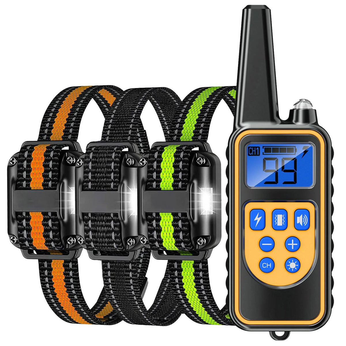 Collar eléctrico de adiestramiento para perros con control remoto, incluye mando y correas de colores.