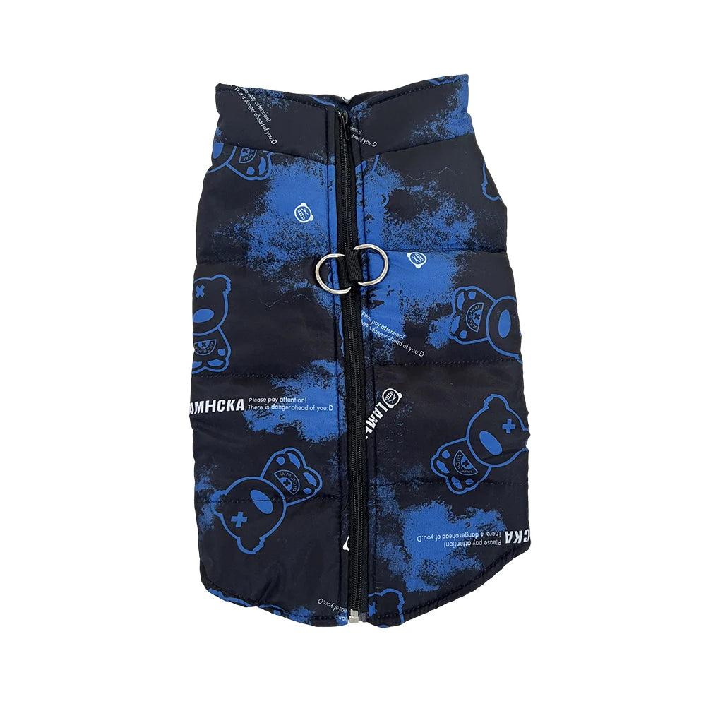 Chamarra impermeable para perros con broche de sujeción, color azul con estampado de ositos.