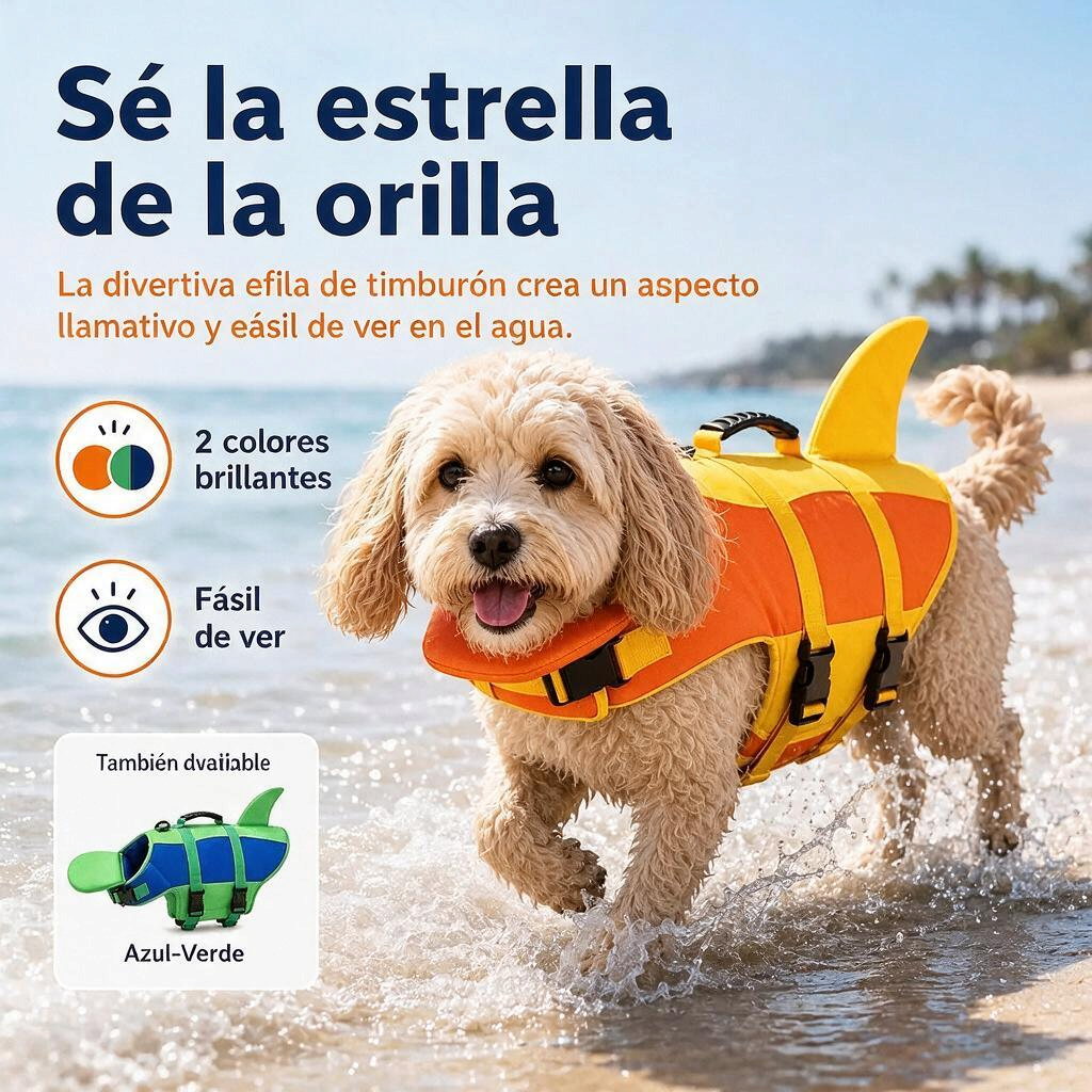 Chaleco de flotación ajustable para perros de color naranja y amarillo en la playa, perro feliz nadando.