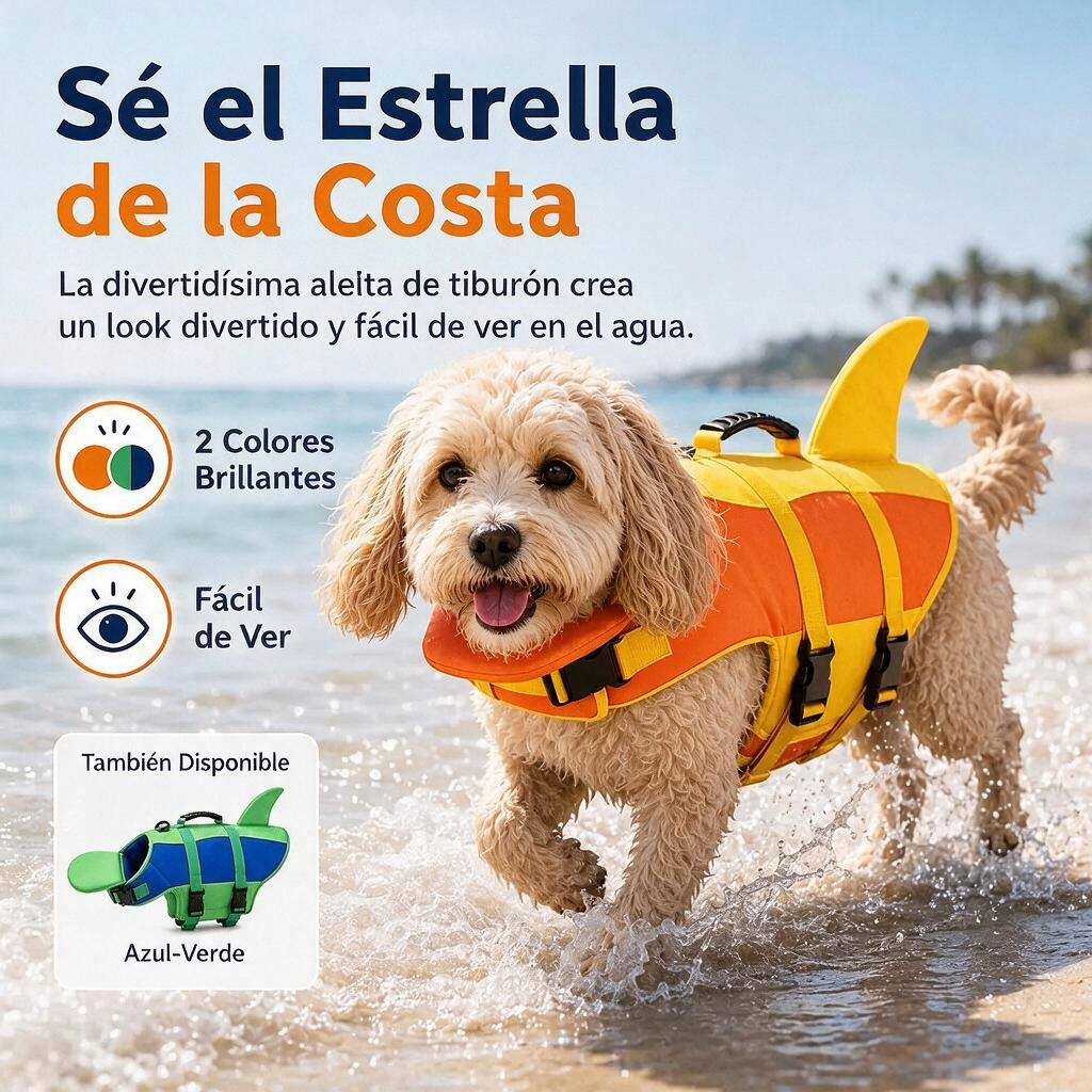 Chaleco de flotación ajustable para perros colorido en la playa, perro con aleta de tiburón.