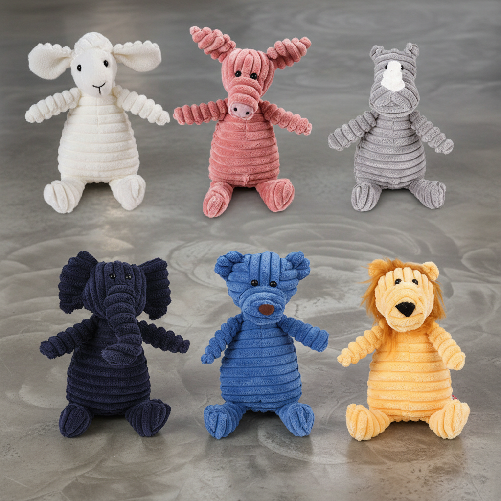 Juguete de peluche de pana para perro con sonido, disponible en varios colores y formas, ideal para jugar y morder.