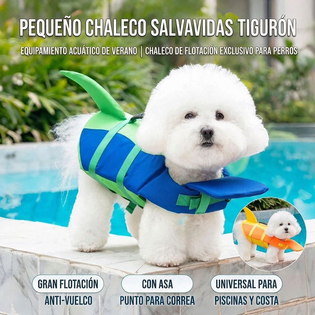 Chaleco de flotación ajustable para perros en color azul y verde, ideal para actividades acuáticas.