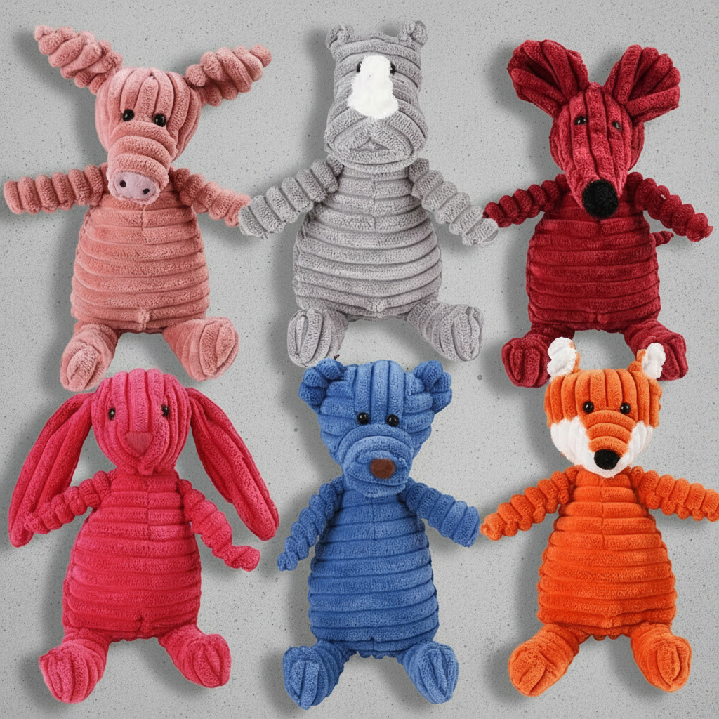 Juguete de peluche de pana para perro en diferentes animales coloridos, ideal para jugar y morder.