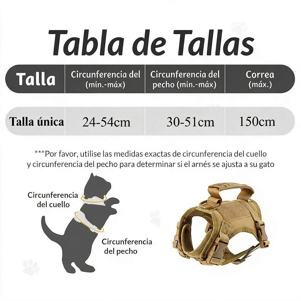 Tabla de tallas para arnés táctico para perro pequeño con medidas de circunferencia del cuello y pecho.