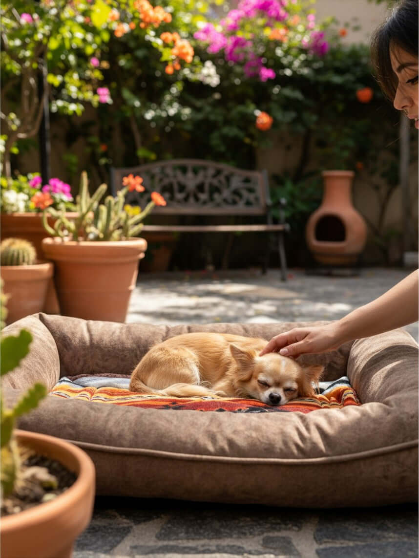 Cama ortopédica para perro MITZON vista lateral en interior con luz natural
