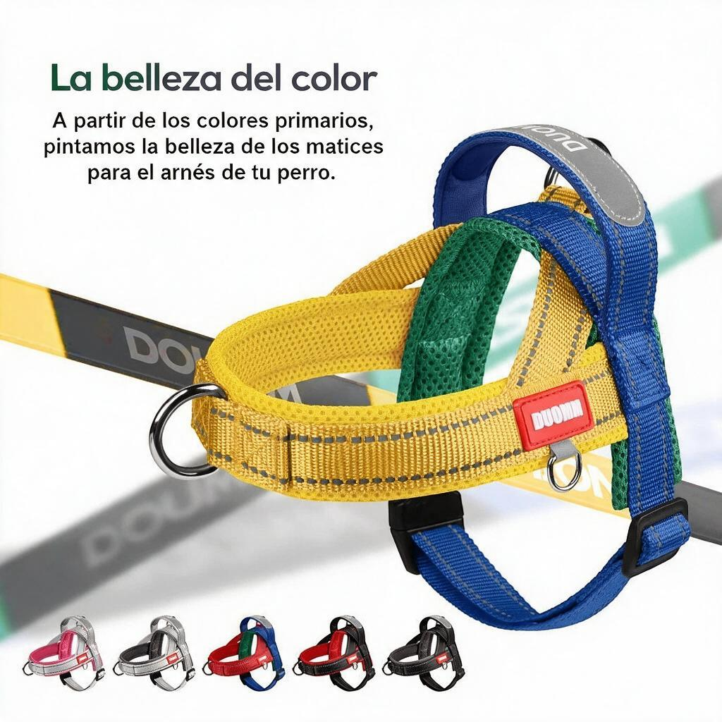 Arnés antitirones tipo chaleco para perro reflectante de liberación rápida en colores vibrantes pour la sécurité et le style.