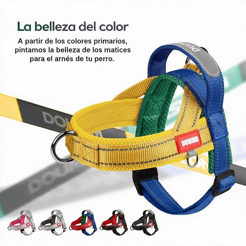 Arnés antitirones tipo chaleco para perro reflectante de liberación rápida en colores vibrantes pour la sécurité et le style.
