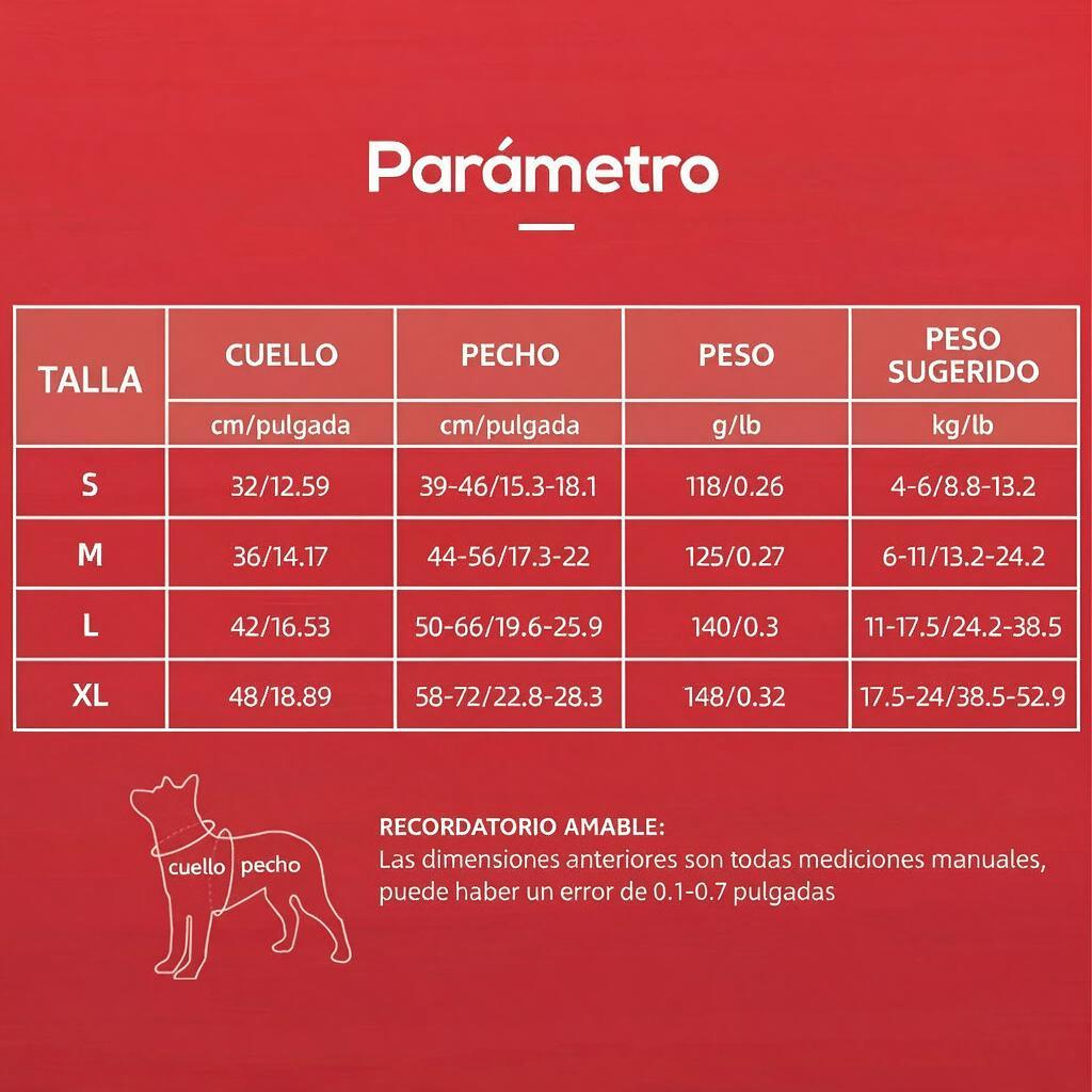 Tableau des tailles pour arnés antitirones type chaleco pour chien, incluant les mesures et poids.