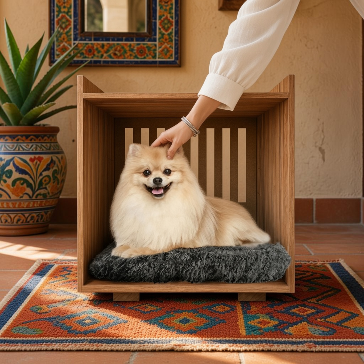 Mesa de noche con casita para perro de MDF con un perro descansando dentro.