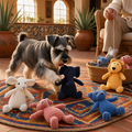 Perro jugando con juguetes de peluche de pana para perro en un ambiente acogedor.