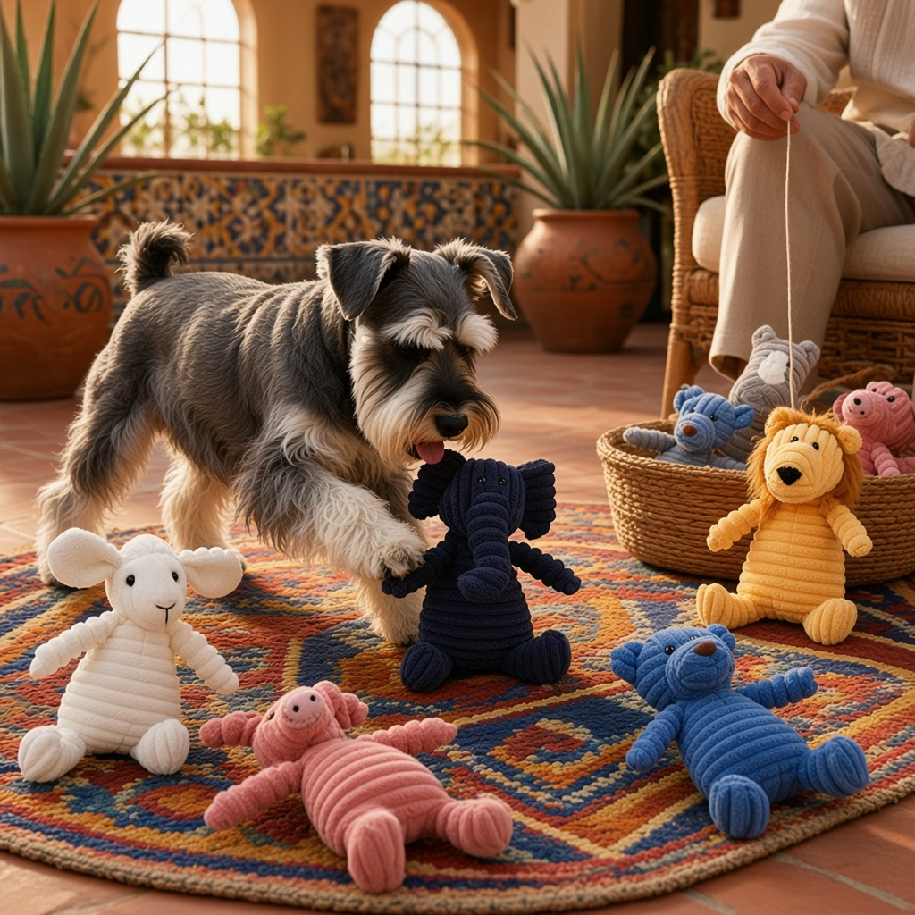 Perro jugando con juguetes de peluche de pana para perro en un ambiente acogedor.