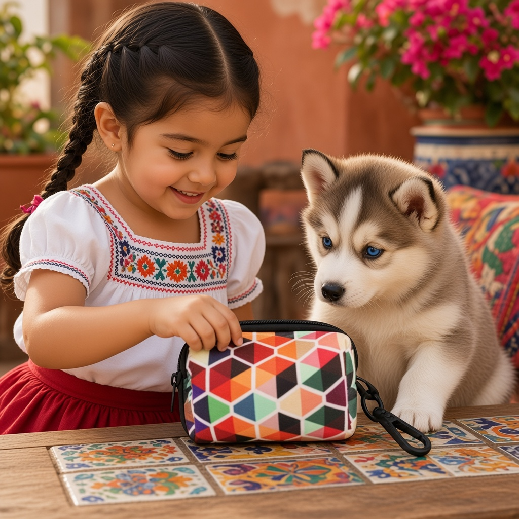 Petite fille découvrant un dispensador de bolsas para perro coloré avec un chiot sur une table décorative.