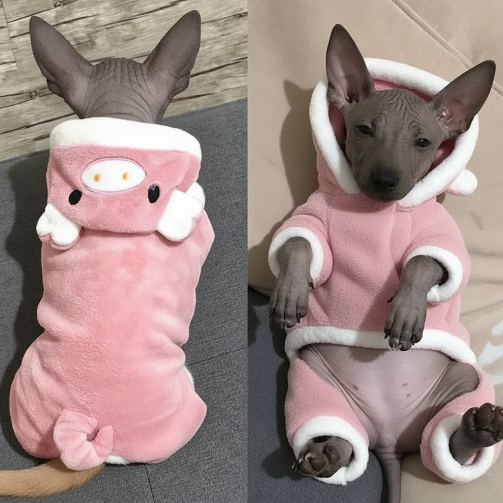 Disfraz de animalito para perro en polar suave con capucha, perro vestido de cerdito rosa con capucha.