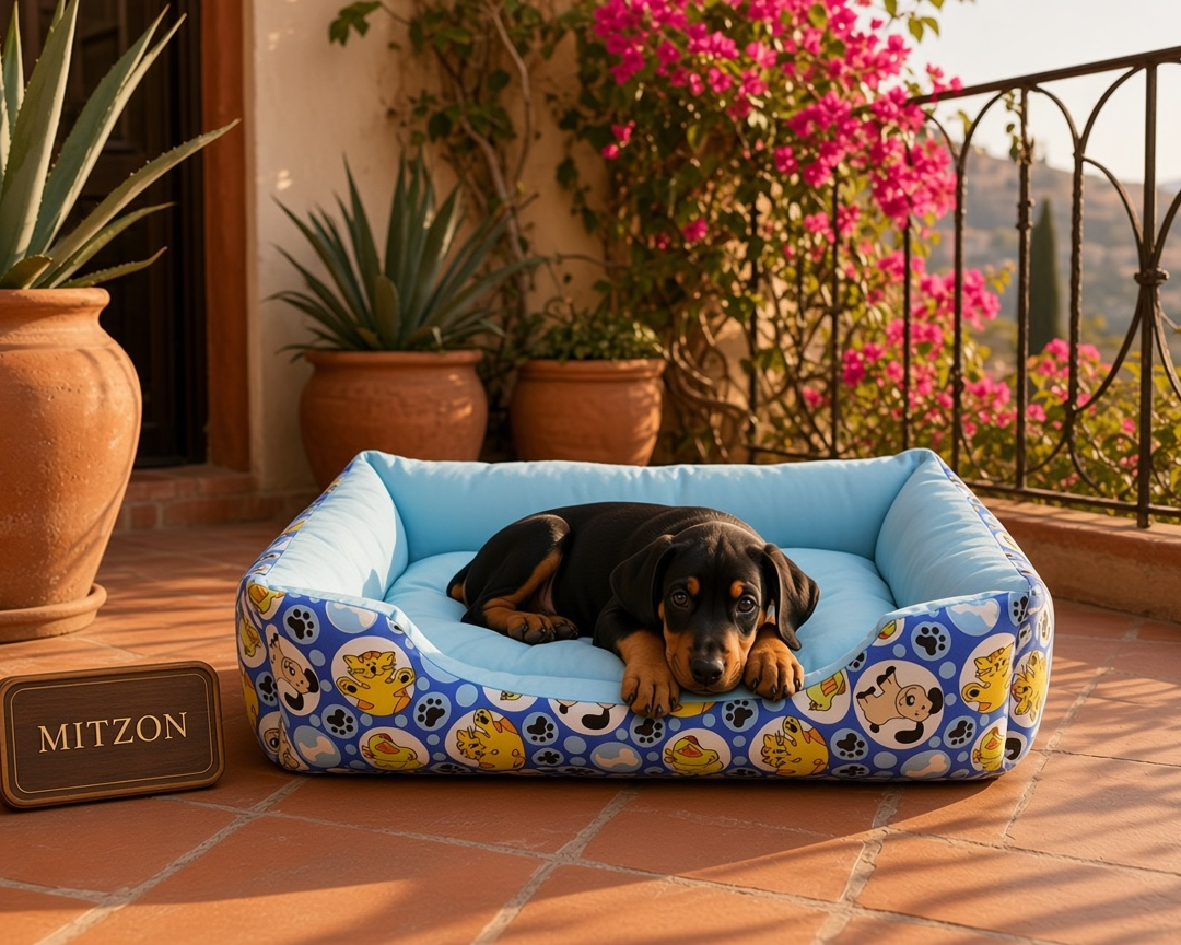 Cama para perro mediana acolchada azul Mitzon con perro descansando en un entorno floral.