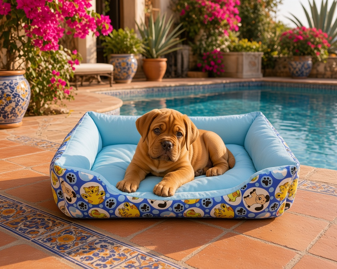 Cama para perro mediana acolchada azul Mitzon avec un chiot reposant dans un jardin ensoleillé.