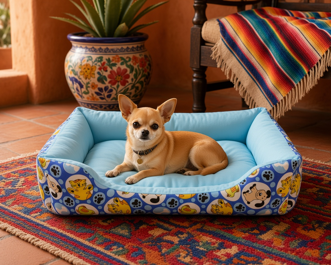 Cama para perro mediana acolchada azul con un perro chihuahua cómodo, ideal para un buen descanso.