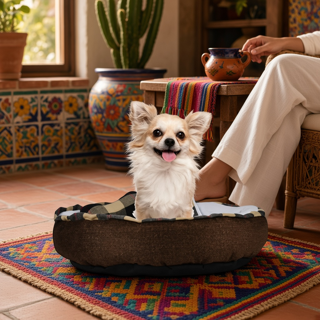 Cama redonda para perro blanca con cobija y juguete, chihuahua feliz en un ambiente hogareño.