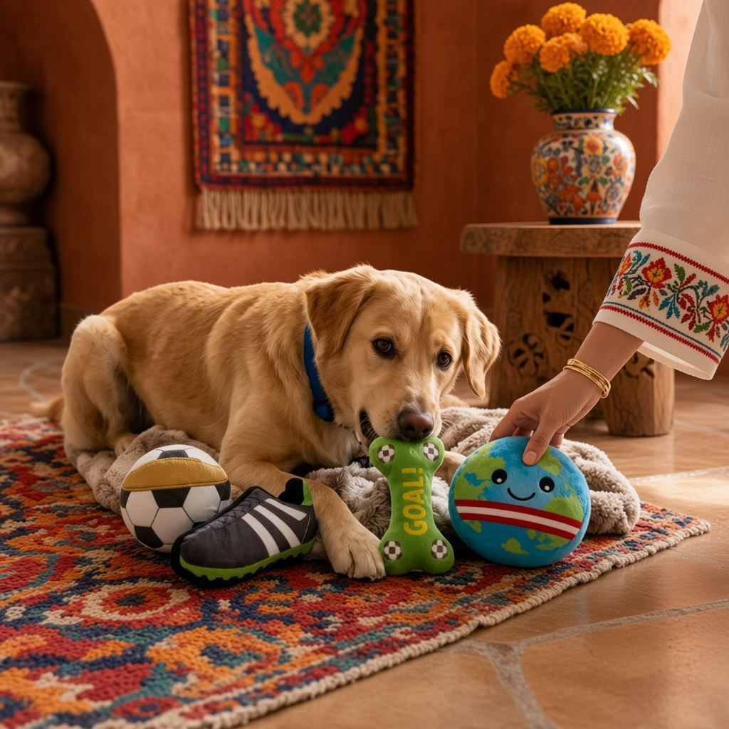 Perro jugando con juguetes de peluche para perro temática de fútbol Mitzon en un ambiente acogedor.