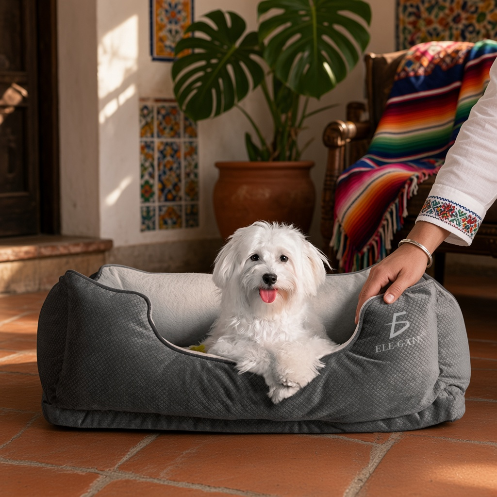 Cama para perro pequeño gris suave y resistente Mitzon avec un chien heureux et détendu.