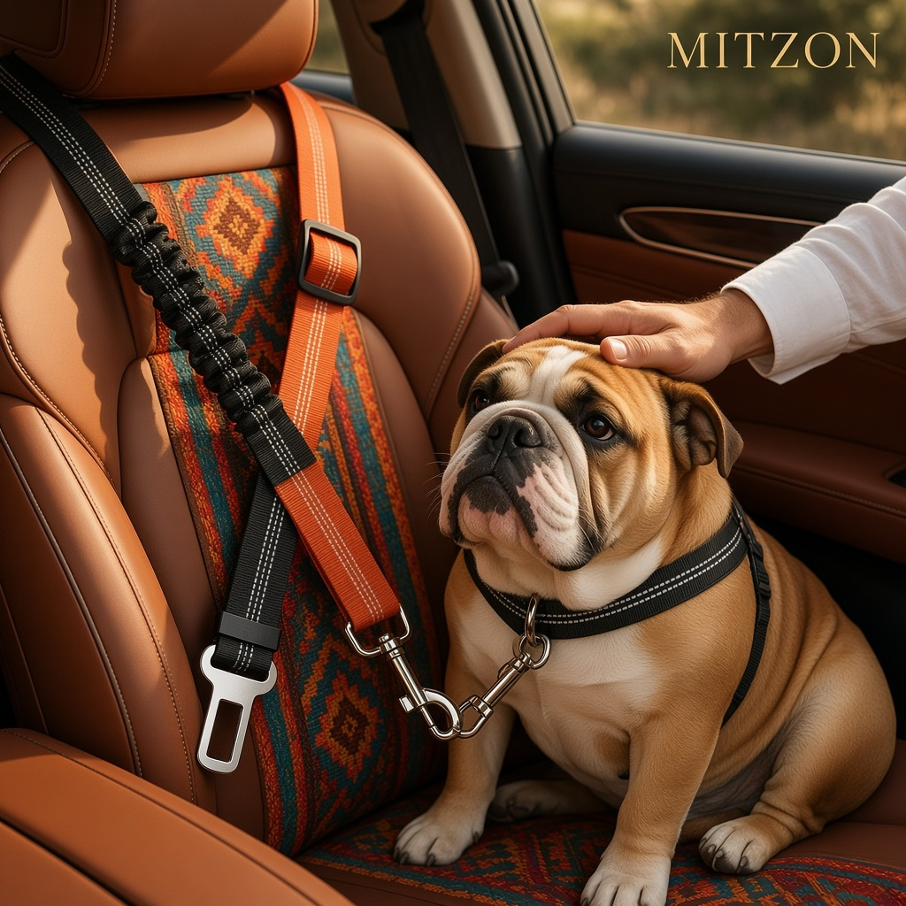 Cinturón de seguridad para perro en auto MITZON, asegurando a un bulldog en el asiento del auto.