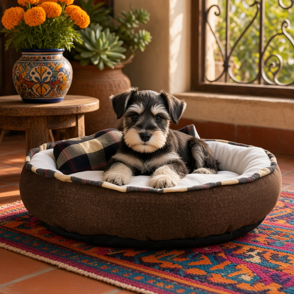 Cama redonda para perro con un cachorro sobre ella, incluye cobija y decoraciones en un ambiente acogedor.