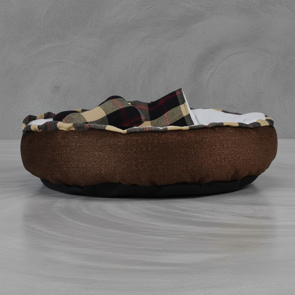 Cama redonda para perro blanca con cobija y juguete, suave y cómoda, perfecta para mascotas.