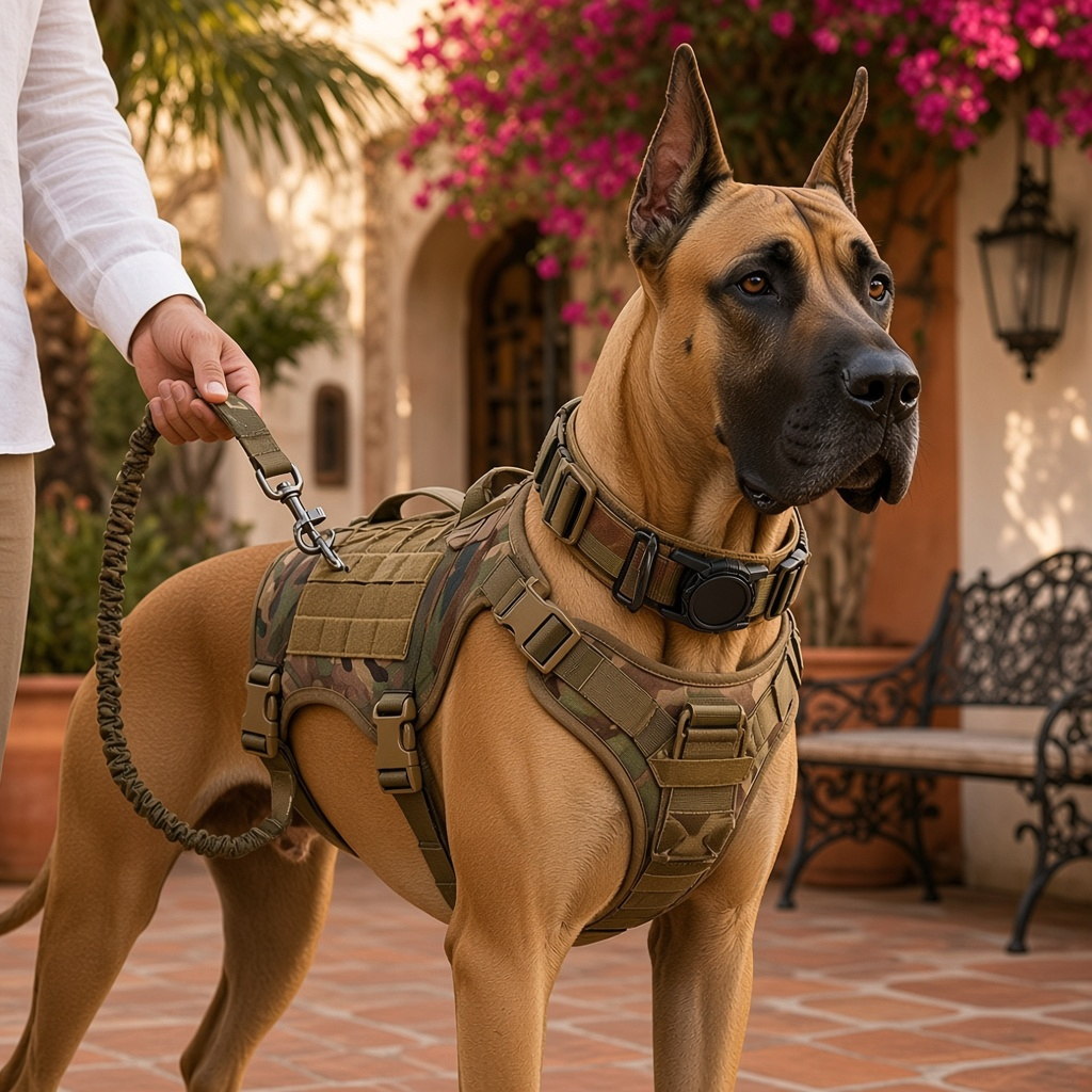 Arnés táctico pour chien sur un gros chien avec laisse dans un cadre extérieur agréable.