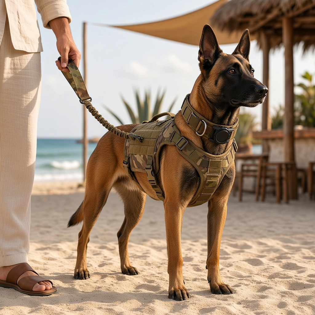 Arnés táctico para perro en la playa, mostrando su diseño resistente y funcional, ideal para paseos y entrenamiento.
