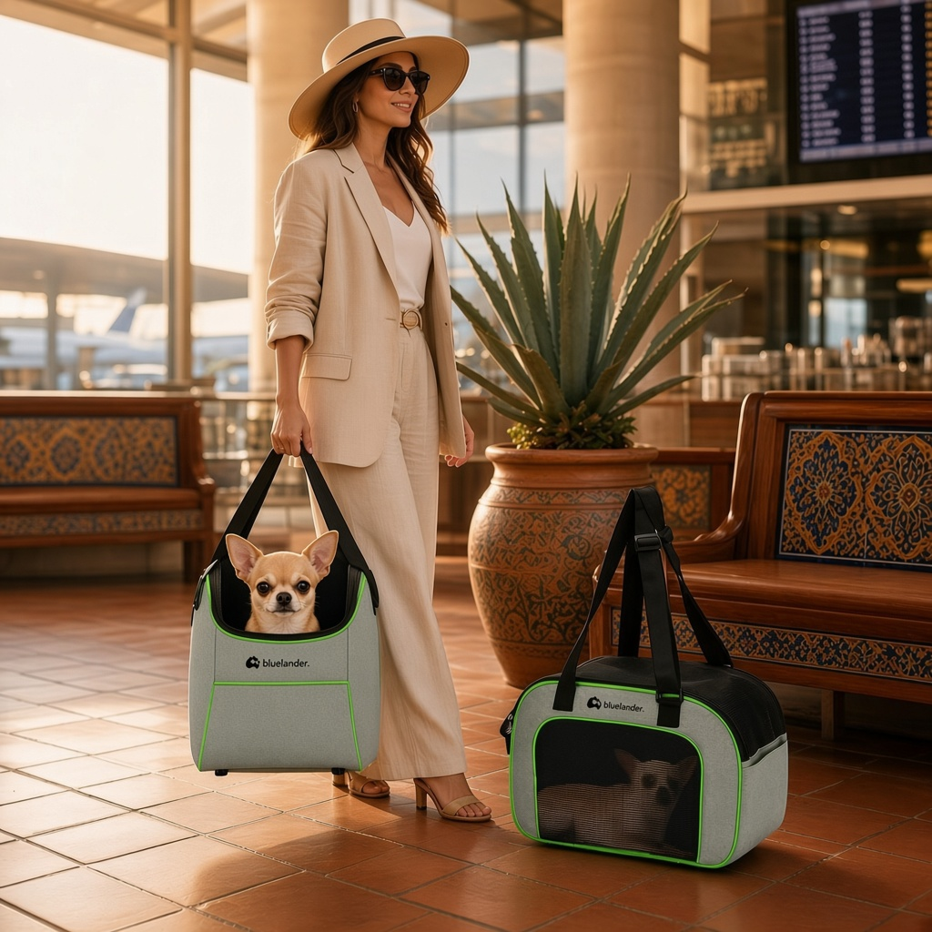 Mochila transportadora para perro pequeño pliable Mitzon utilisée par une femme élégante avec un chien à l'intérieur.
