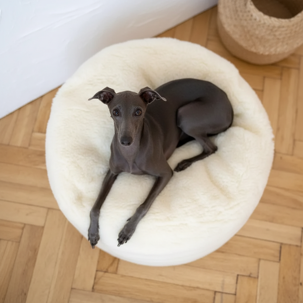 Cama ovalada de lana natural para mascotas - Blanca