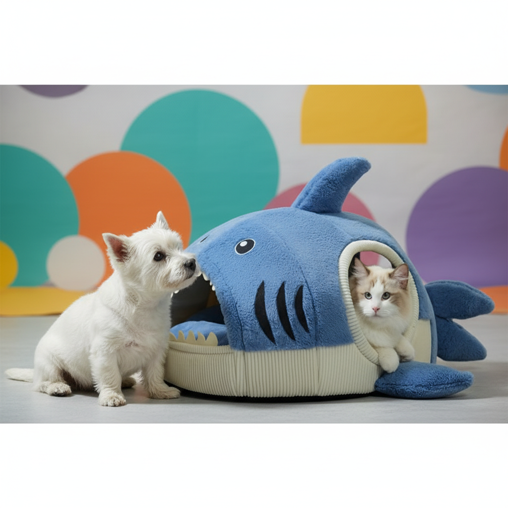Cama Acogedora para Mascotas con Forma de Tiburón para Gatos y Perros