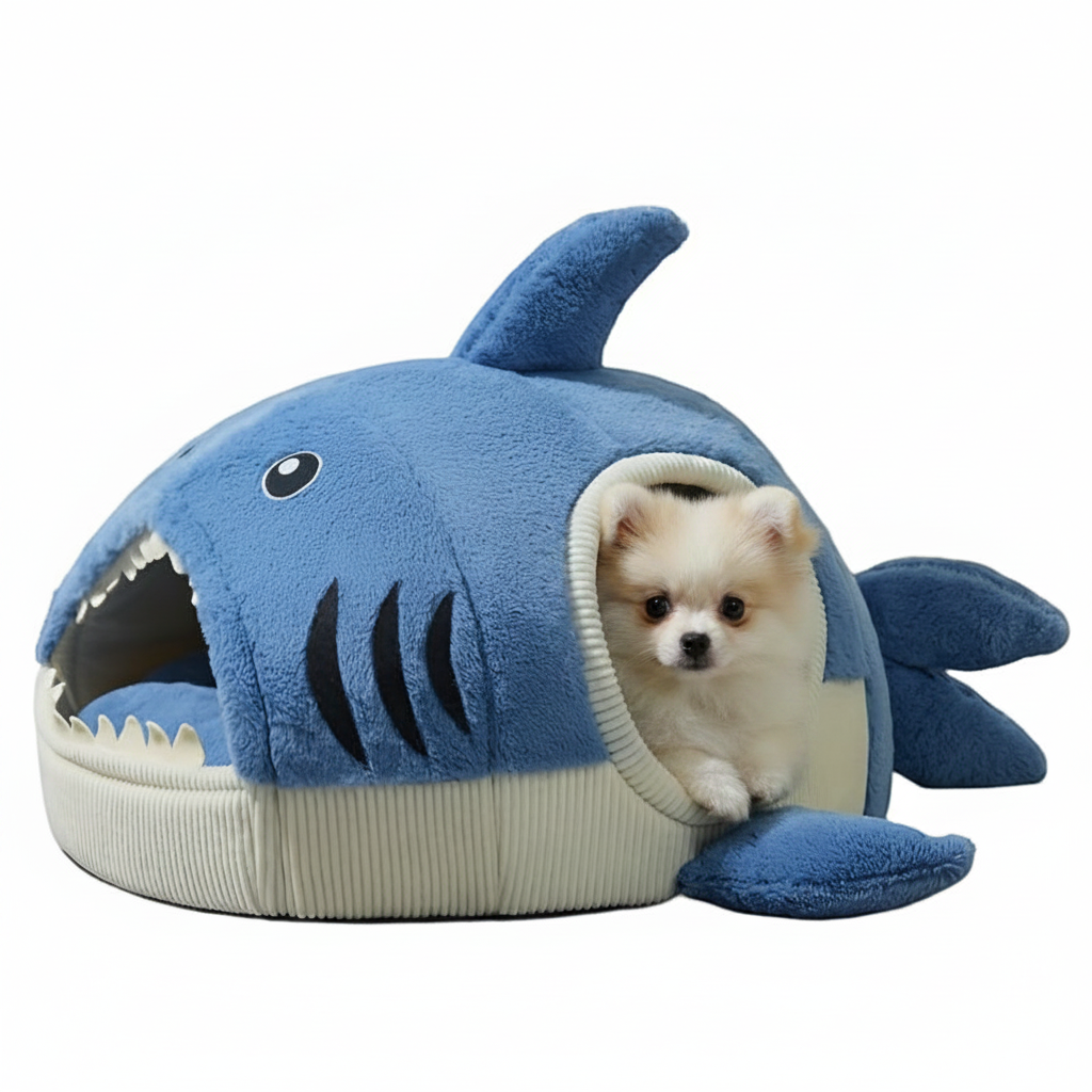 Cama Acogedora para Mascotas con Forma de Tiburón para Gatos y Perros